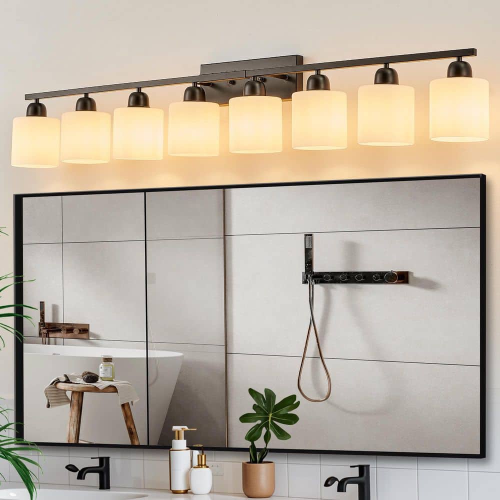 52 in. 8-Light Matte Black Modern Bathroom Vanity Light Fixture with Milky White Frosted Glass Shades price history on PriceWatchPro