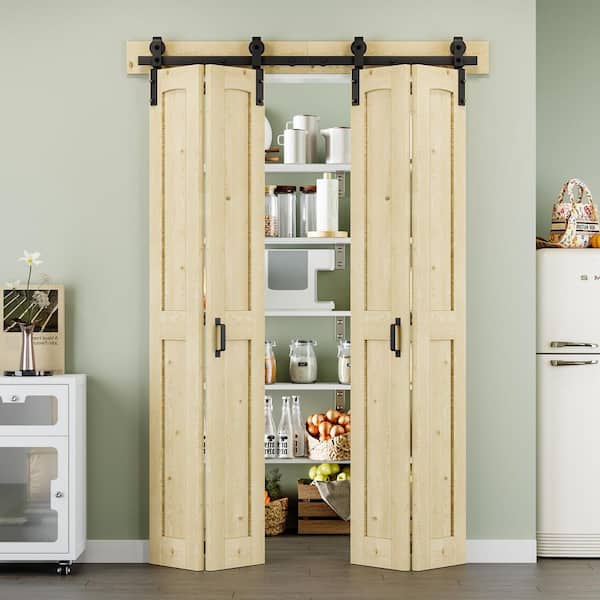 ARK DESIGN 50 in. x 84 in. Paneled H Shape Solid Pine Wood Unfished Bi-fold Sliding Barn Door with Hardware Kit and Handle