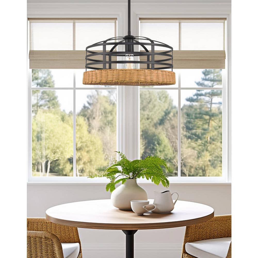 Thatcher Black Metal and Wicker Cage Pendant Light