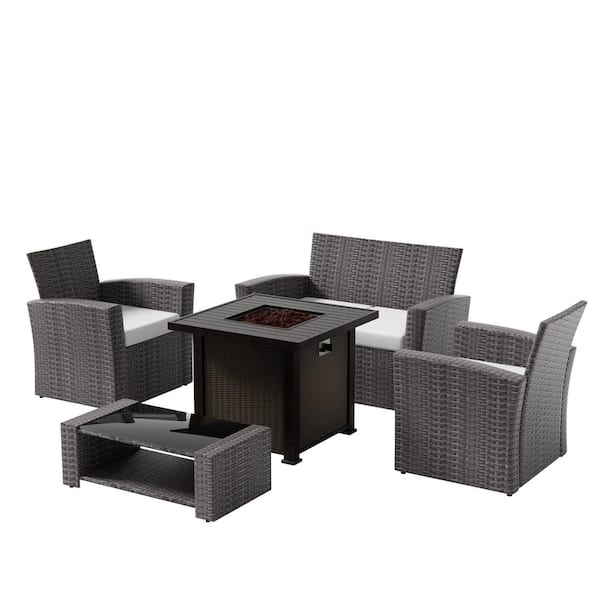 WESTIN OUTDOOR Valencia Gray 5-Piece Wicker Patio Fire Pit Conversation Set with White Cushions