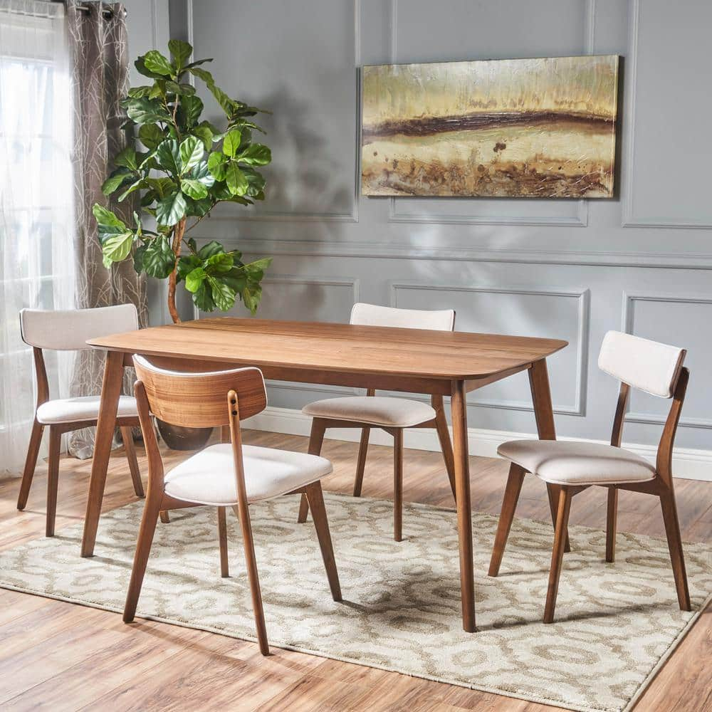 Noble House Alma 5-Piece Natural Walnut and Light Beige Dining Set ...