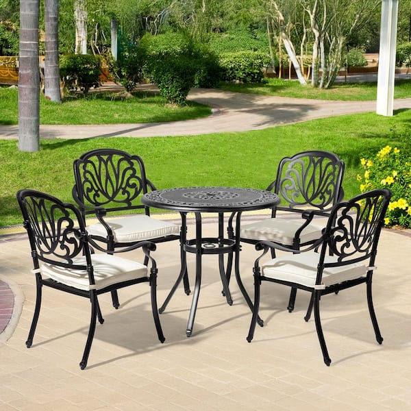 Black Cast Aluminum Outdoor Stackable Dining Armchair with Cushion (Set of 2)