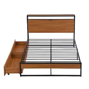 82.30 in. W Brown and Black Metal Frame Full Platform Bed with 2-Drawers, Sockets and USB Ports