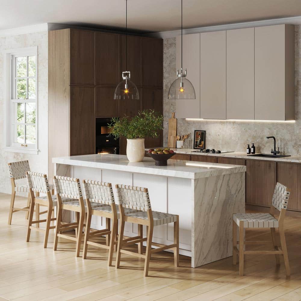 Set of 4 White Woven Faux Leather Bar Stools with Solid Wood Legs