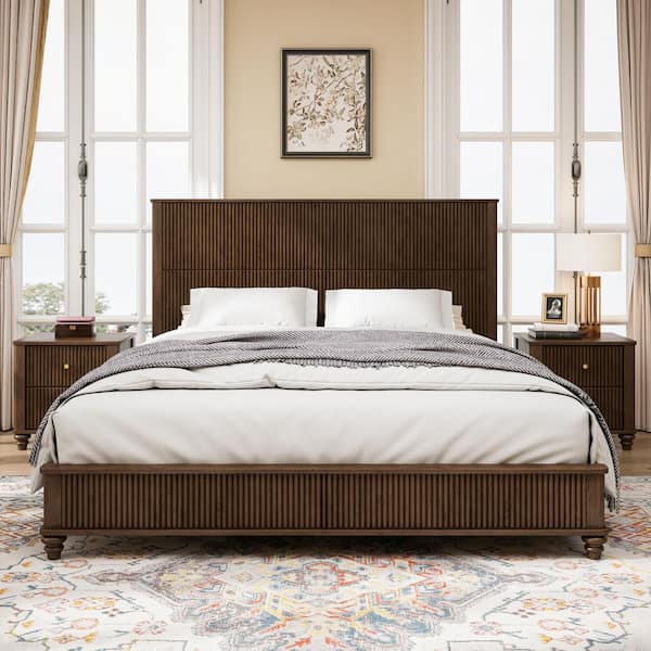 Horizon Brown Walnut Wood Frame King Size Platform Bed with Tall Headboard, Rubberwood