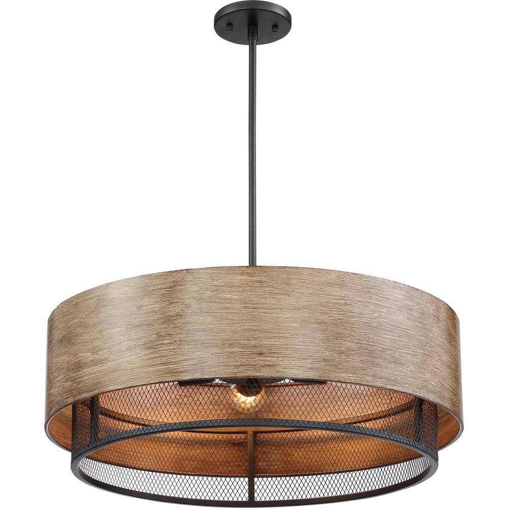 Nuvo Black and Honey Wood Drum Pendant Light
