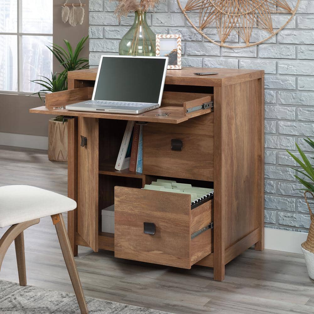 Small Brown Wood Credenza with Drawers and Keyboard Tray