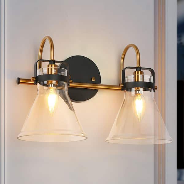 Modern 15 in. 2-Light Black and Brass Industrial Bathroom Vanity Light, Dimmable Wall Sconce with Clear Glass Shades