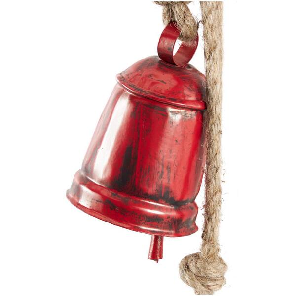 Litton Lane Red Metal Tibetan Inspired Cylindrical Decorative Cow Bells with 4 Bells on Jute Hanging Rope