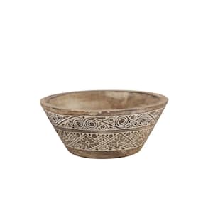 Large Round Decorative Hand-Carved Brown and White Wood Bowl with Tribal Design