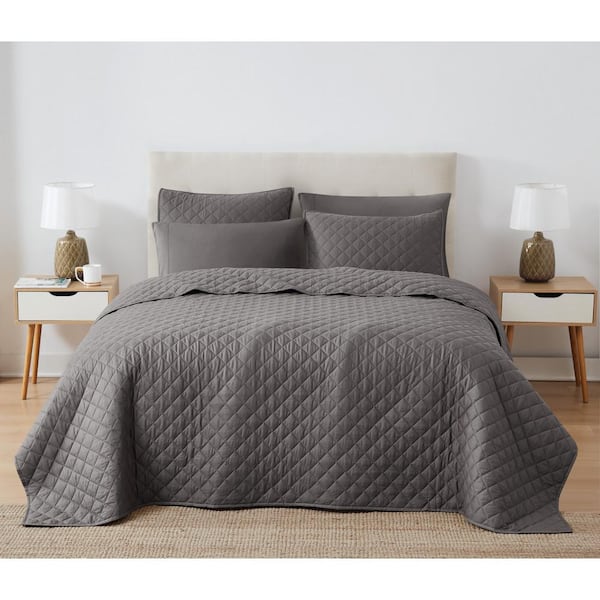 Solid Oversized Percale Cotton Grey Full/Queen 3 Piece Quilt Set