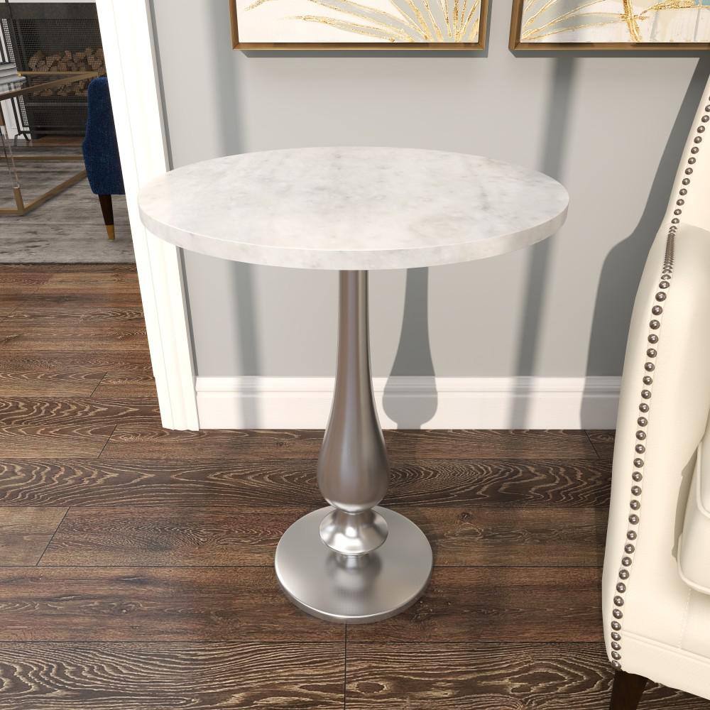 White Marble and Silver Aluminum Round Accent Table