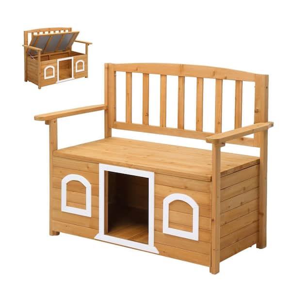2-in-1 Solid Wood Outdoor Bench with Built-in Pet House