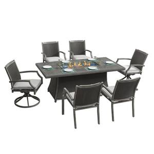 Isla Grey 7-Piece Aluminum Fire Pit Table Patio Conversation Set with Rattan Wicker Chairs Propane Gas and Cushions