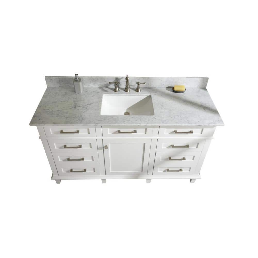 White 60" Freestanding Single Sink Vanity with Carrara Marble Top