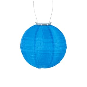 Glow 10 in. Blue Round Integrated LED Hanging Outdoor Nylon Solar Lantern