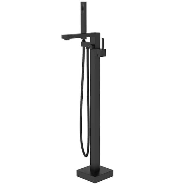 Single-Handle Freestanding Tub Faucet Floor Mount Tub Filler with Hand Shower and Swivel Spout in Matte Black