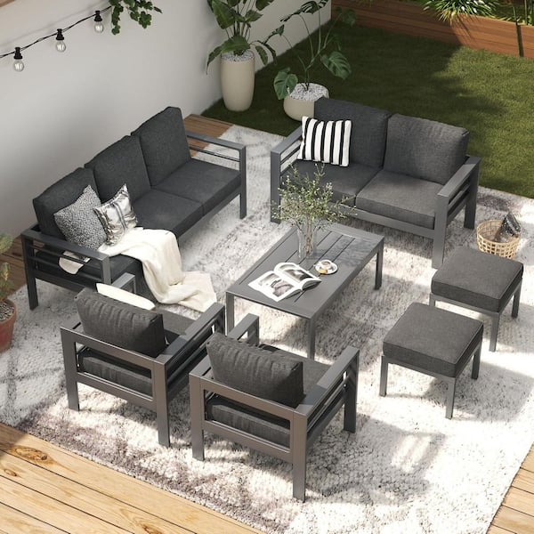 Sudzendf Black 7-Piece Aluminum Patio Conversation Set with Dark Grey Cushions, Coffee Table and Stool for Garden, Backyard