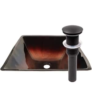 Rame Copper and Black Glass Square Bathroom Vessel Sink with Drain in Oil Rubbed Bronze