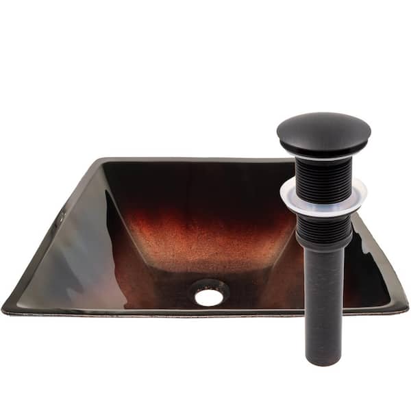 Novatto Rame Copper and Black Glass Square Bathroom Vessel Sink with Drain in Oil Rubbed Bronze