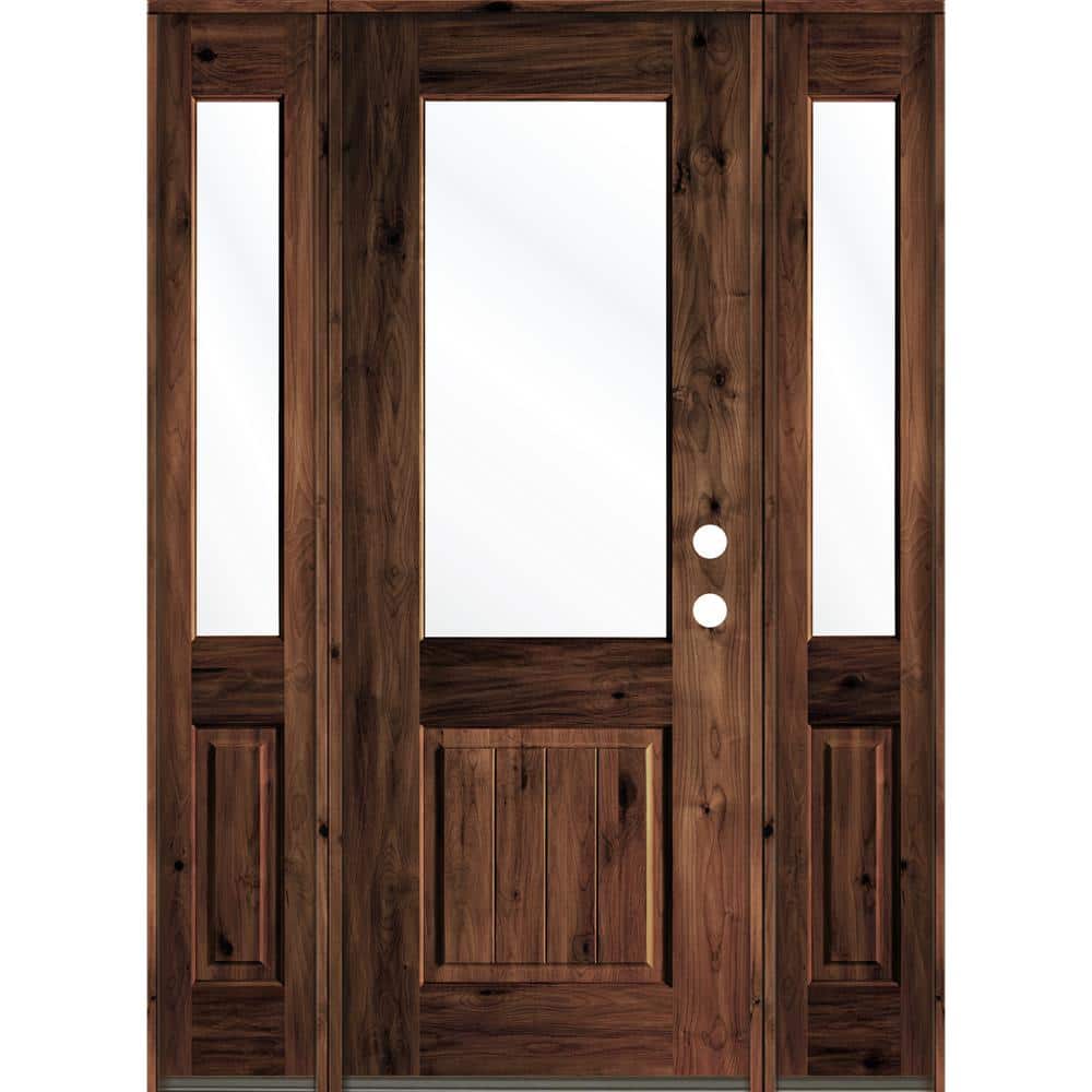 60 in. x 96 in. Rustic Alder Wood Clear Half-Lite Red Mahogony Stain w.VG Left Hand Single Prehung Front Door/Sidelites