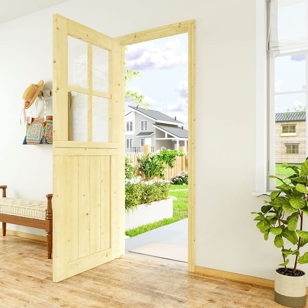 32 in. x 80 in. Solid Pine Universal 4 Lite Clear Glass Unfinished Dutch Door Design Wood Front Door Slab