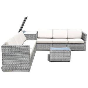 8-Piece Rattan Corner Outdoor Sectional Sofa Patio Conversation Furniture Set with White Cushion