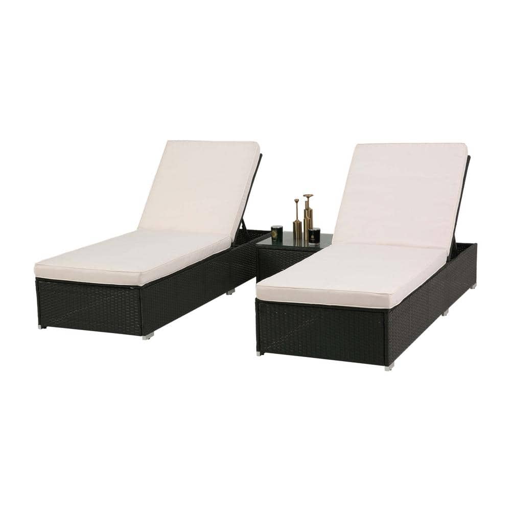 Black Wicker Outdoor Lounge Chair with Beige Cushions 2-Piece Lounge and 1-