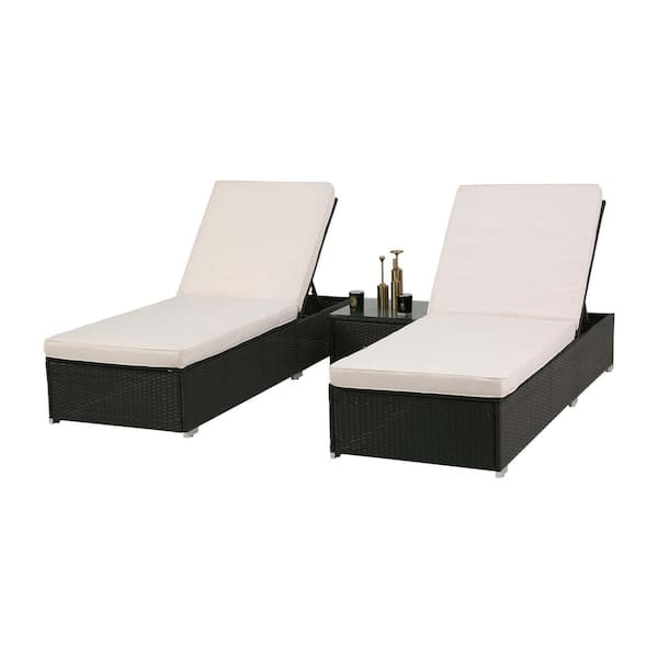 Unbranded Black Wicker Outdoor Lounge Chair with Beige Cushions 2-Piece Lounge and 1-Piece Table