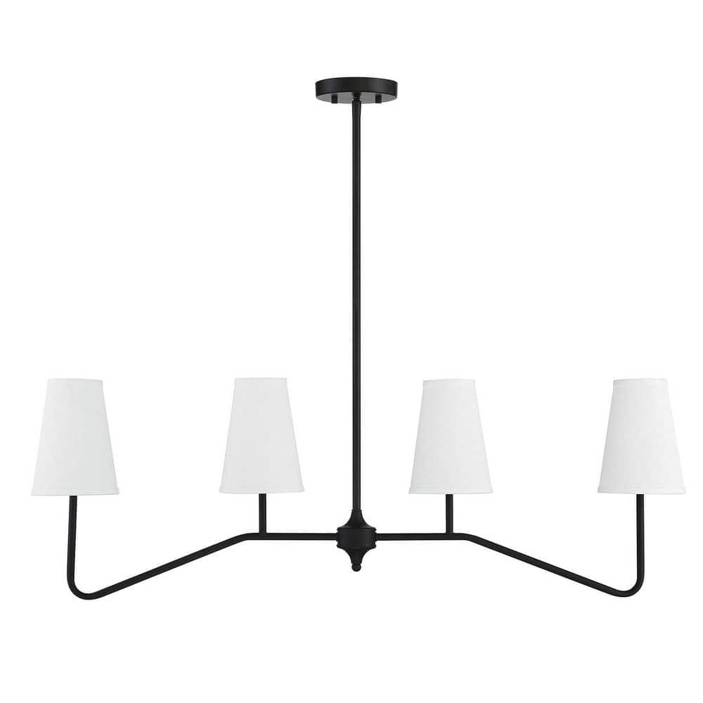 Matte Black 4-Light Linear Pendant Chandelier with White Shades