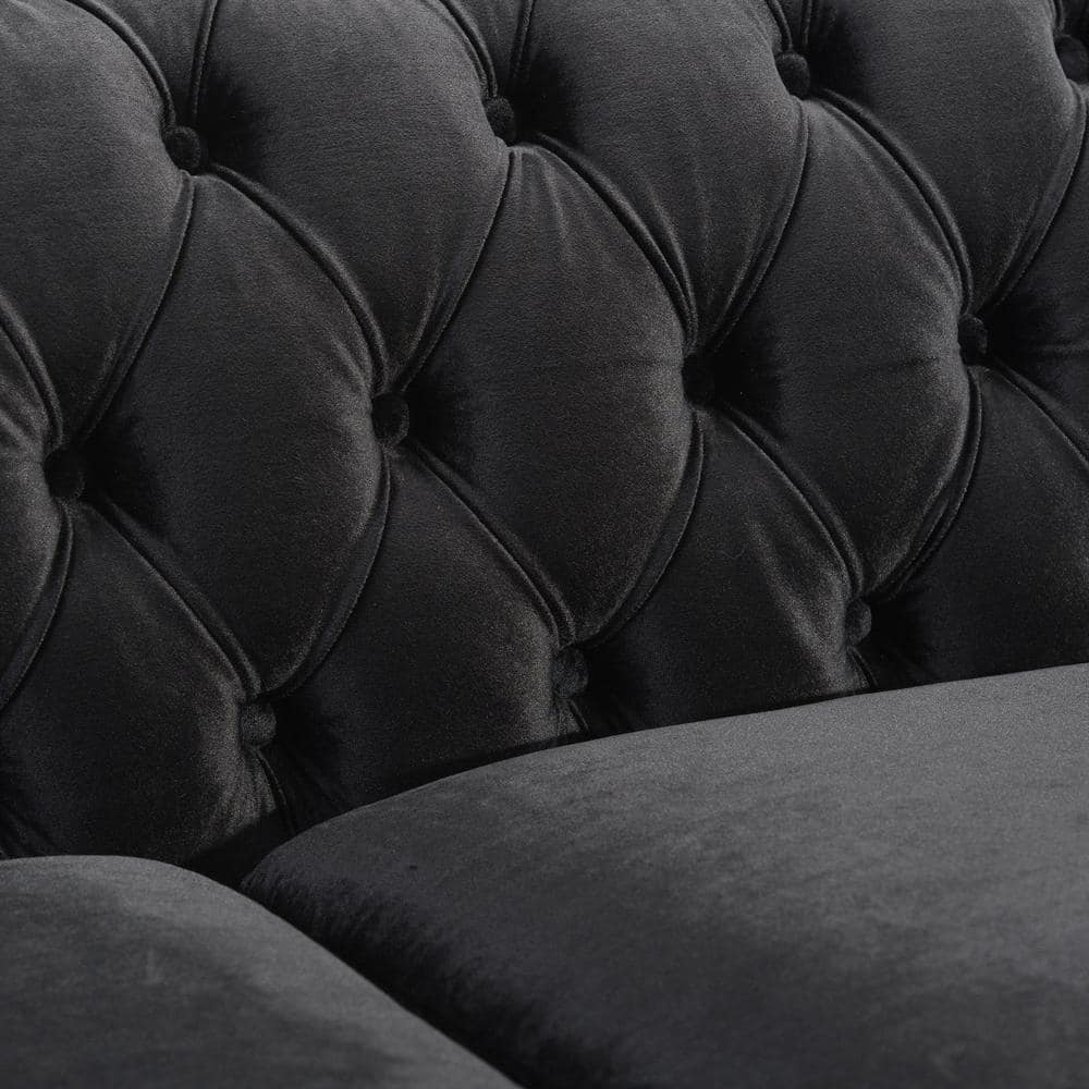 Black Velvet Chesterfield Sofa with Nailhead Trim and Flared Arms