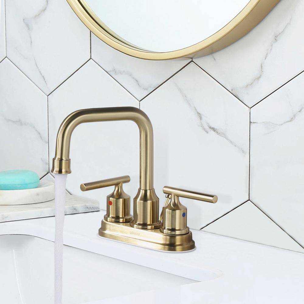 Brushed Gold Double Handle High Arc Bathroom Faucet