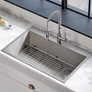 Loften 33 in. Drop-In/Undermount Single Bowl 18 Gauge Satin Stainless Steel Kitchen Sink w/Faucet and Garbage Disposal