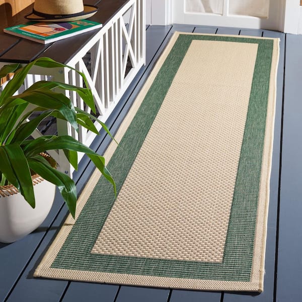 Courtyard Beige/Dark Green 2 ft. x 14 ft. Border Solid Color Indoor/Outdoor Runner Rug