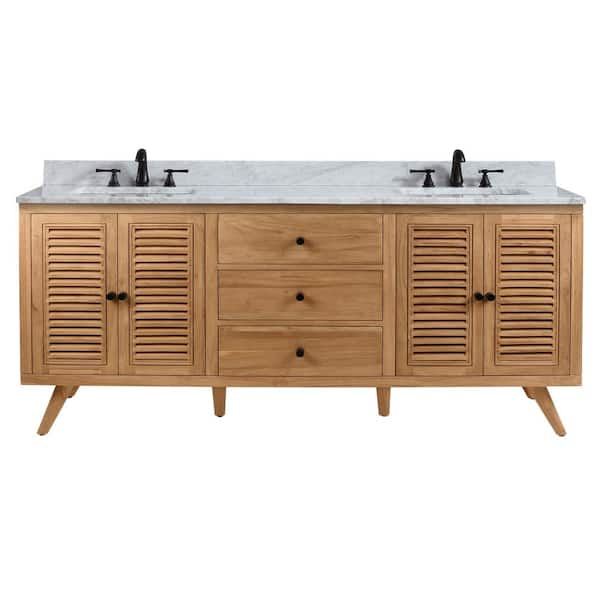 Harper 73 in. Double Sink Natural Teak Bath Vanity with Carrara White Marble Top