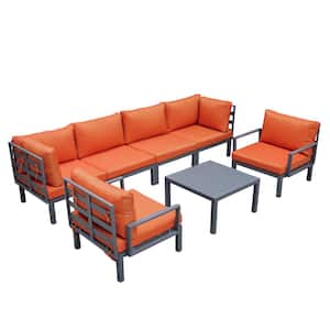 Hamilton 7-Piece Aluminum Modular Outdoor Patio Conversation Seating Set With Coffee Table and Cushions in Orange