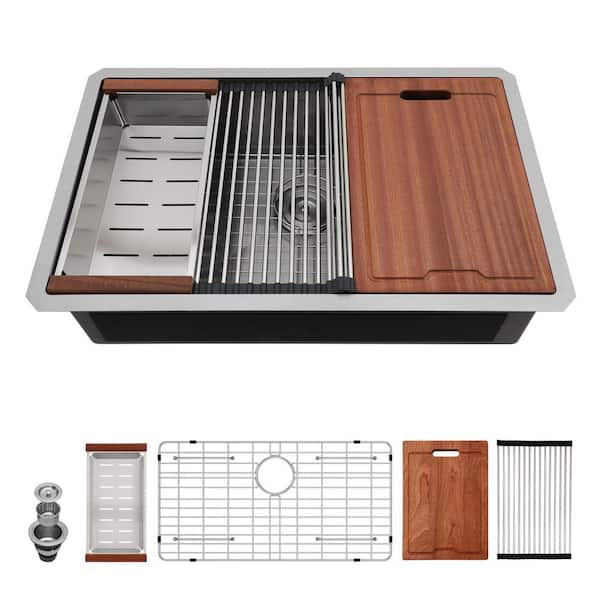 30 in. Undermount Single Bowl 16 Gauge Brushed Nickel Stainless Steel Kitchen Sink with Bottom Grids