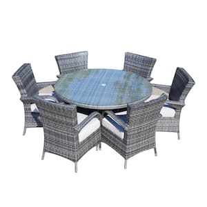 Penny Grey 7-Piece Wicker Outdoor Dining Set with Washed Beige Cushion