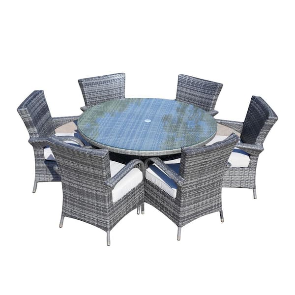moda furnishings Penny Grey 7-Piece Wicker Outdoor Dining Set with Washed Beige Cushion
