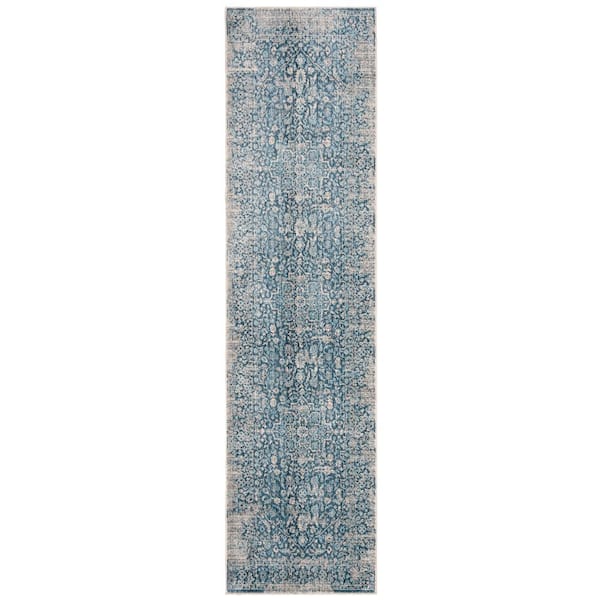 Vintage Persian 2 ft. x 12 ft. Blue/Ivory Distressed Ornate Runner Rug