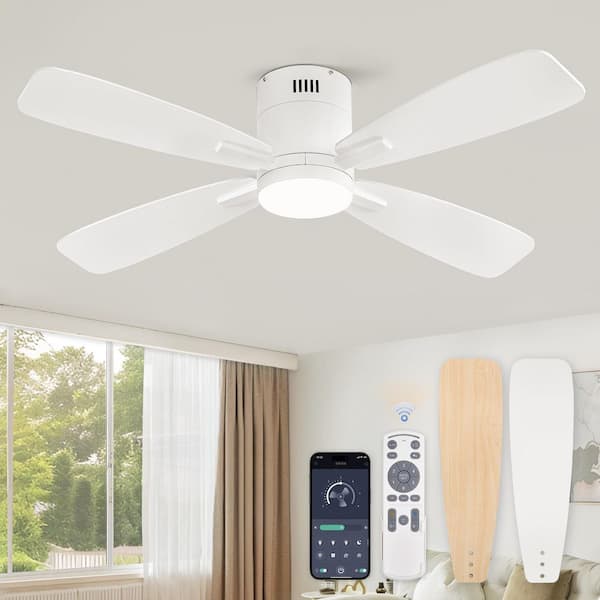HINNIXY 46 in. Indoor/Outdoor LED Matte White Standard Ceiling Fan with Light Kit and App Control and Remote Control