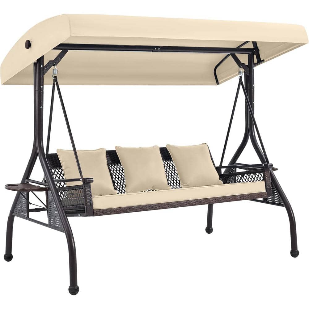 3-Seat Outdoor Metal Porch Swing with Cup Holder, Adjustable Canopy, Patio 