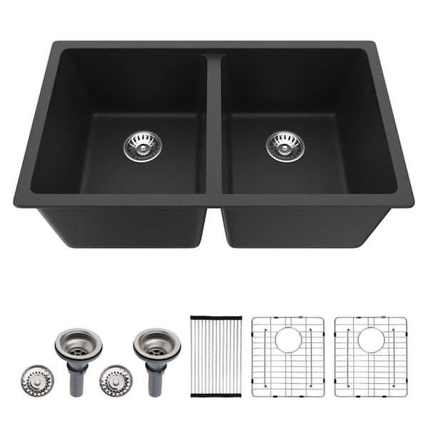 33" Matte Black Quartz Granite Composite 50/50 Split Double Bowl Undermount Kitchen Sink, Deep Basin