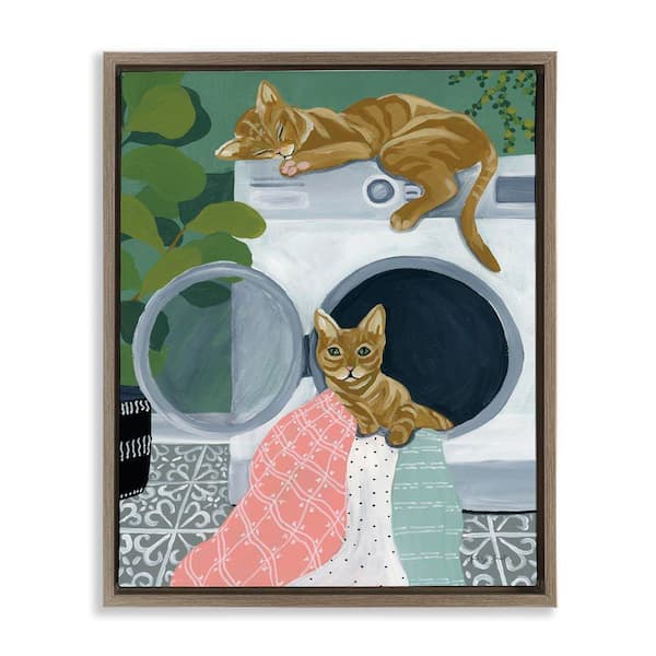 Stupell Industries Cuddling Laundry Cats by Yvette St. Amant Brown Floater Frame Animal Graphic Art Print 31 in. x 25 in.