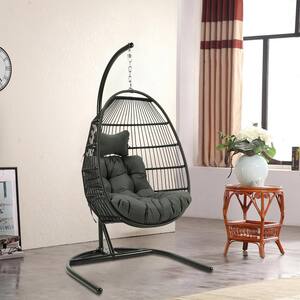 43.3 in. Black Iron Collapsible Patio Swing Chair with Gray Cushions
