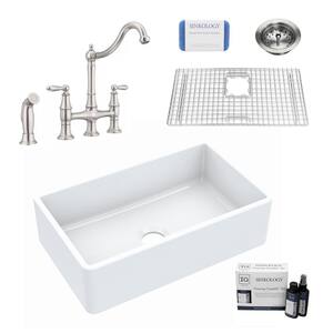 Turner 30 in. Farmhouse Single Bowl Crisp White Fireclay Kitchen Sink with Courant Bridge Faucet (Stainless) Kit