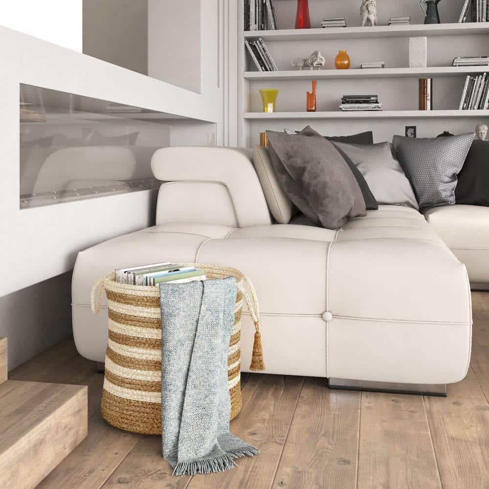 Handmade Striped Natural Jute Round Storage Basket with Handles