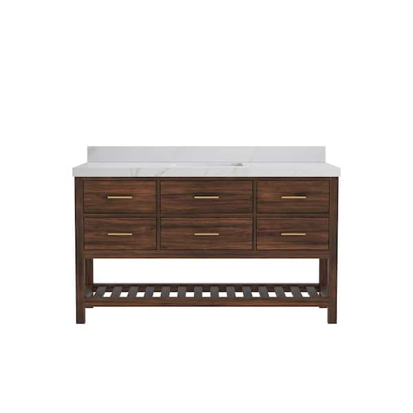 Willow Collections Parket Teak 60 in. W x 22 in. D x 36 in. H Single Sink Bath Vanity in Dark Walnut with Calacatta Sienna Quartz Top