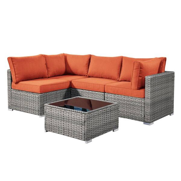 Sanibel Gray 5-Piece Wicker Patio Conversation Sofa Sectional Set with Orange Red Cushions