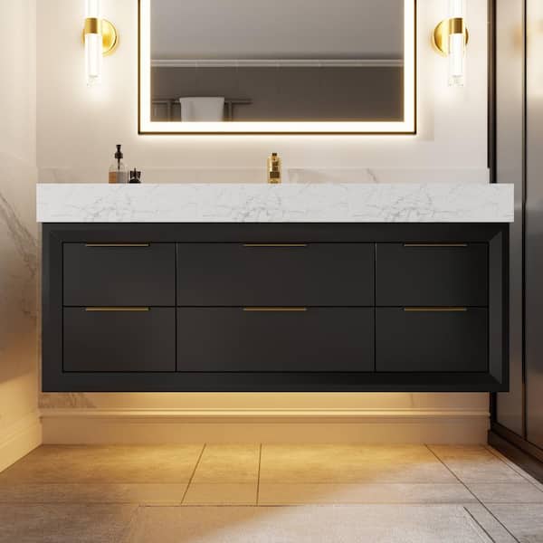 ANGELES HOME 48 in. W x 20.9 in. D x 21.3 in. H Single Sink Float Bath Vanity in Black with White Cultured Marble Top, LED Light Band